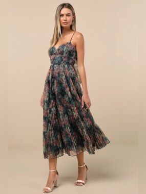 Floral Pleated Midi Dress with Spaghetti Straps - Multi